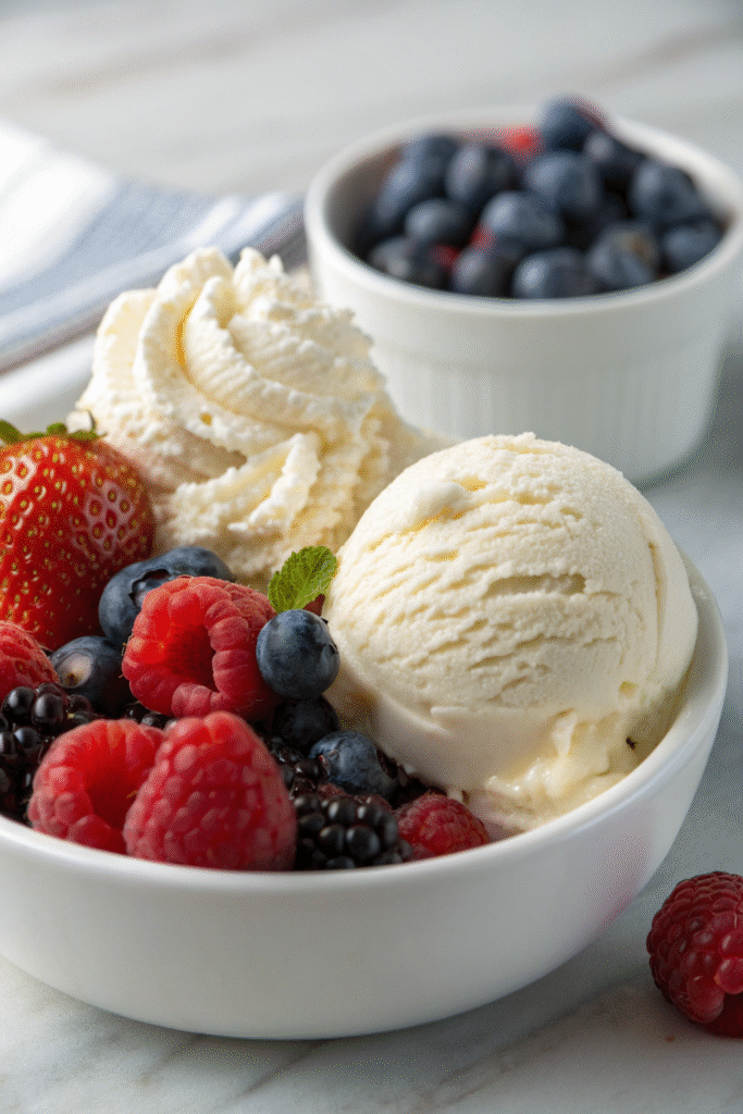dollop of homemade whipped cream, beside a scoop of vanilla bean ice cream with a side of fresh berries, raspberries and blueberries
