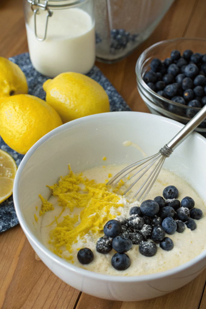 Lemon Zest, Milk, and Blueberries incorporated to the batter maix