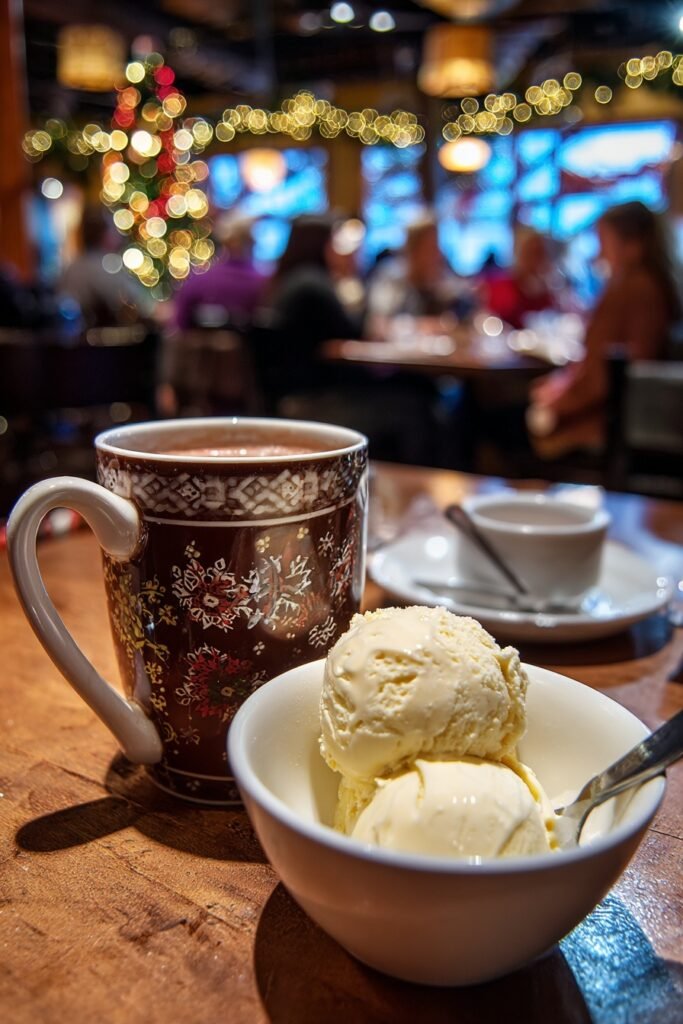 mug of hot cocoa and a bowl of vanilla bean ice cream