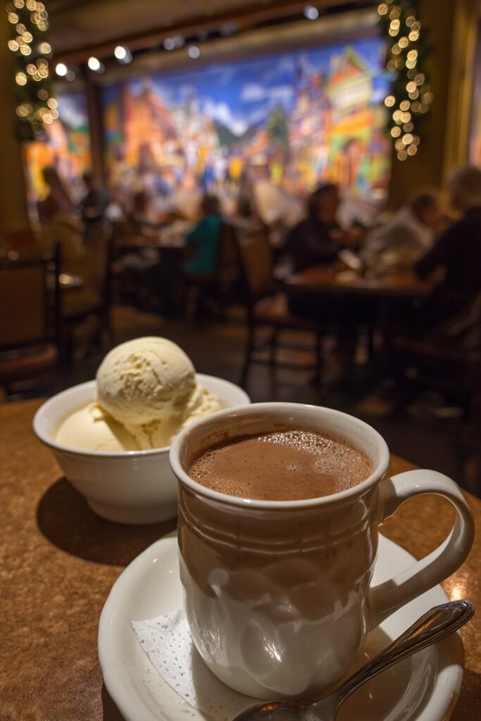 mug of hot cocoa and a bowl of vanilla bean ice cream