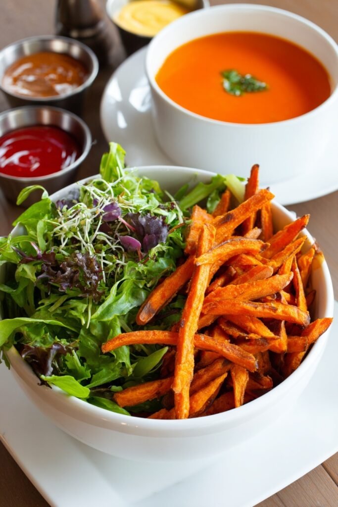 Side Dishes: Sweet Potatoes fries, salad and side sauce
