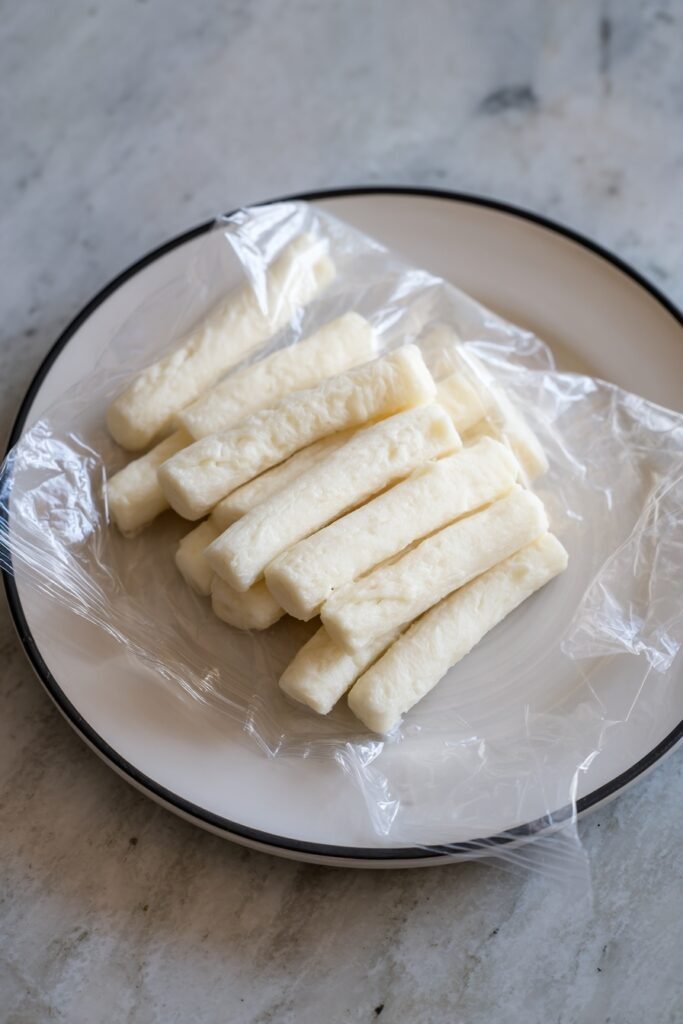 freezing mozzarella sticks on a plate