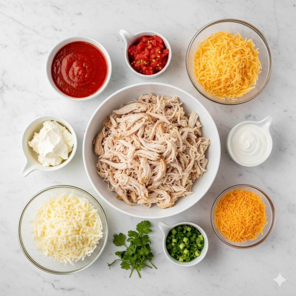 Ingredients You’ll Need for Chicken Enchilada Dip (Red Sauce, Hot)