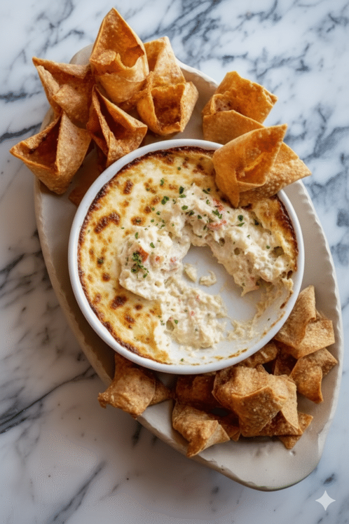 Crab Rangoon Dip with Wonton Chips inside