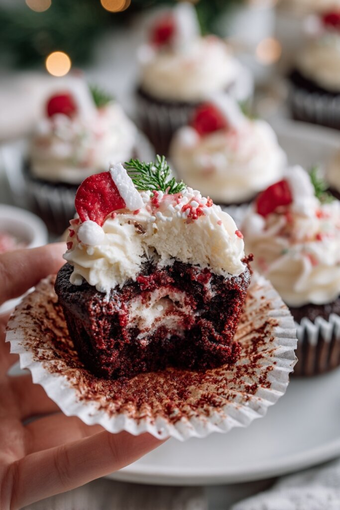 close up of a women hand holding one Santa Hat Cupcake bitten showing the inside