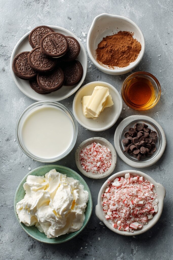 No Bake Peppermint Hot Chocolate Cheesecake ingredients