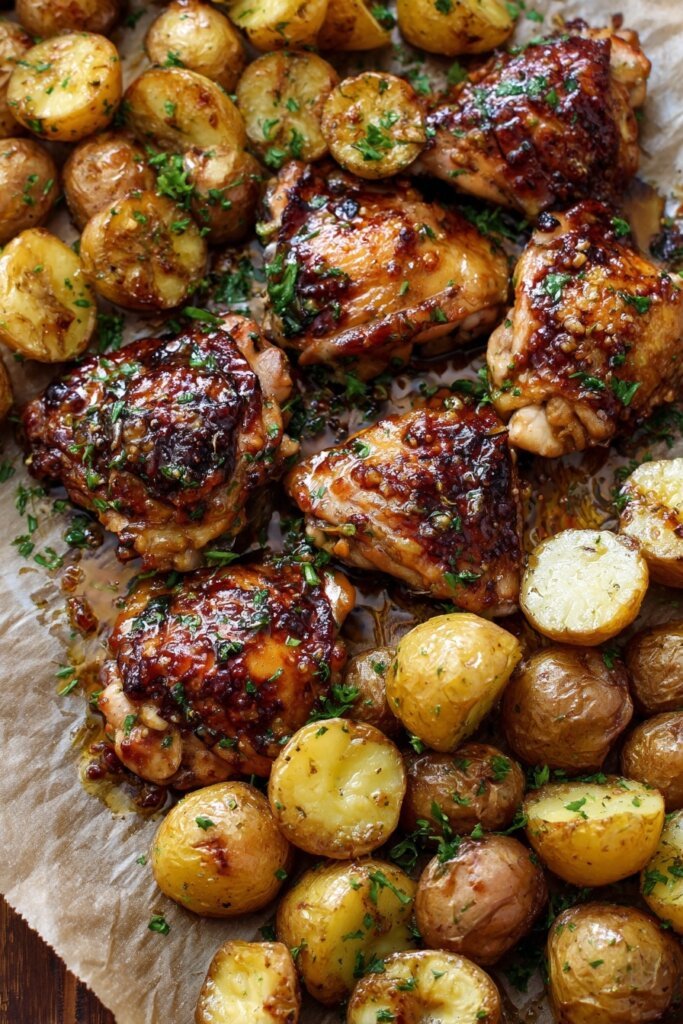Honey Garlic Chicken Thighs with Roasted Potatoes