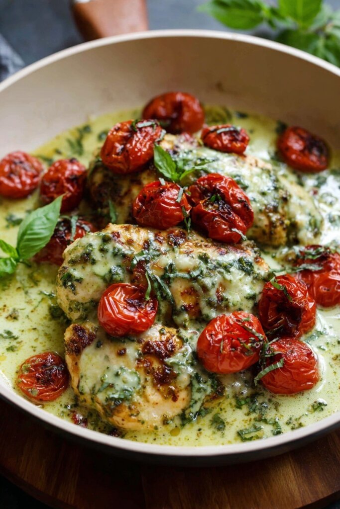 Creamy Pesto Chicken with Roasted Tomatoes