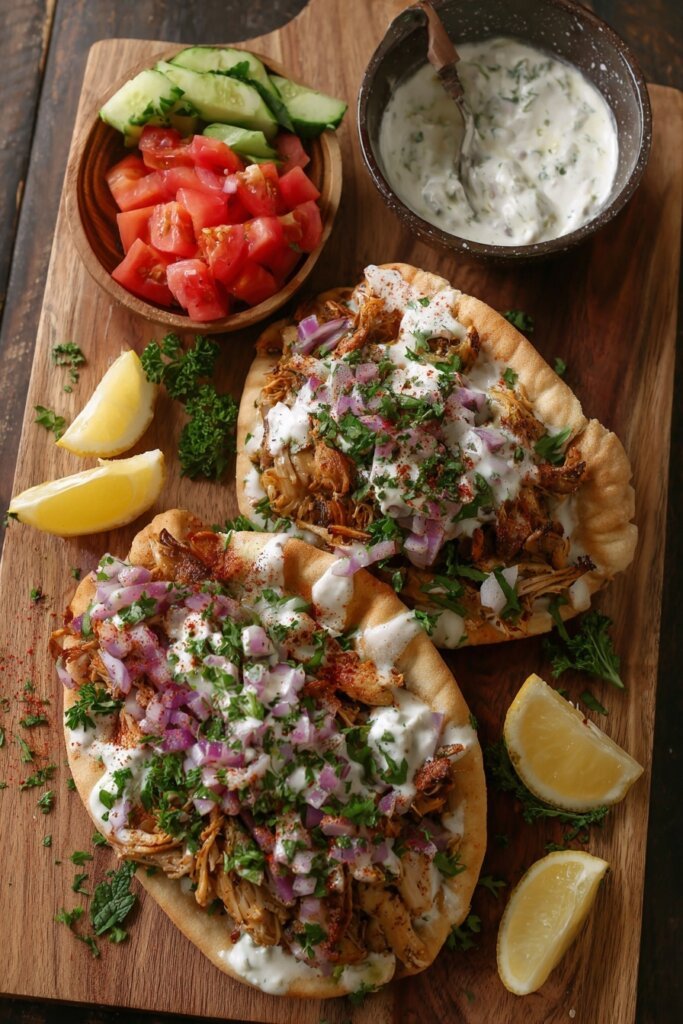 Chicken Shawarma Pitas with Garlic Sauce
