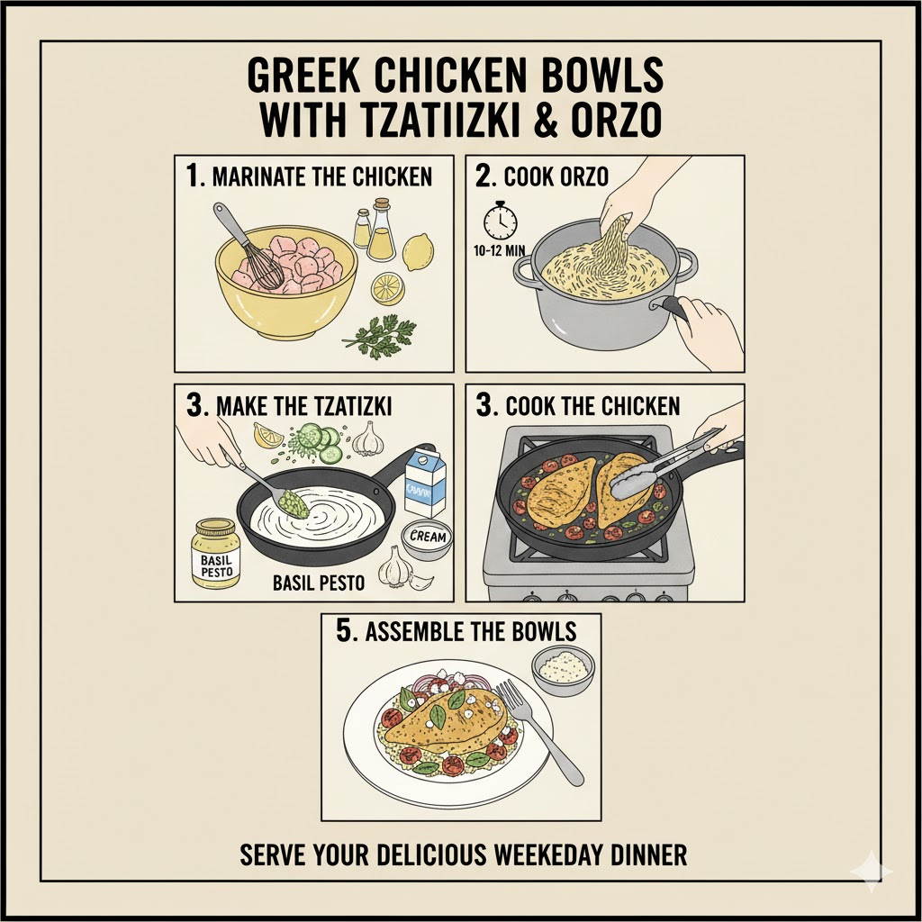 Easy Greek Chicken Bowls with Tzatziki & Orzo Quick Dinner