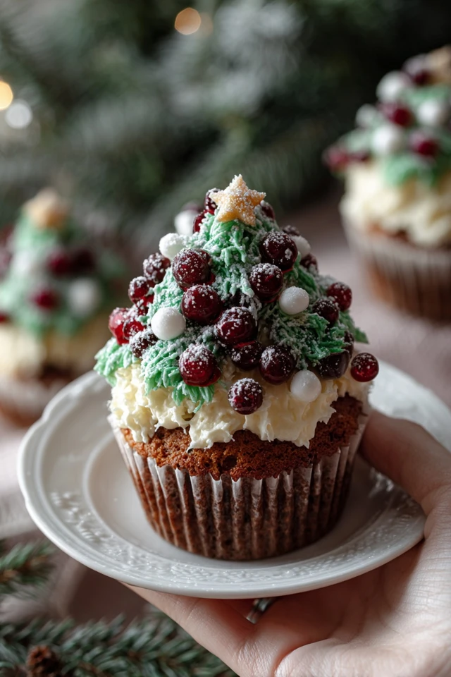 The final touches for the Christmas Tree Cupcakes