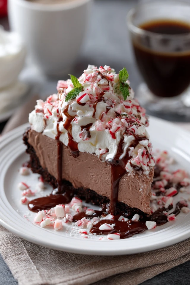A slice of No Bake Peppermint Hot Chocolate Cheesecake