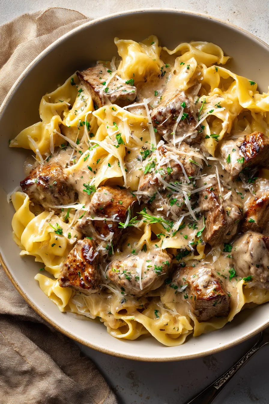 Garlic Butter Steak Bites with Creamy Pasta