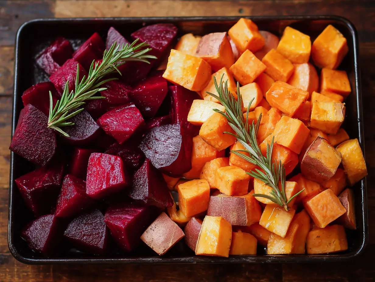roasted beets and sweet potatoes
