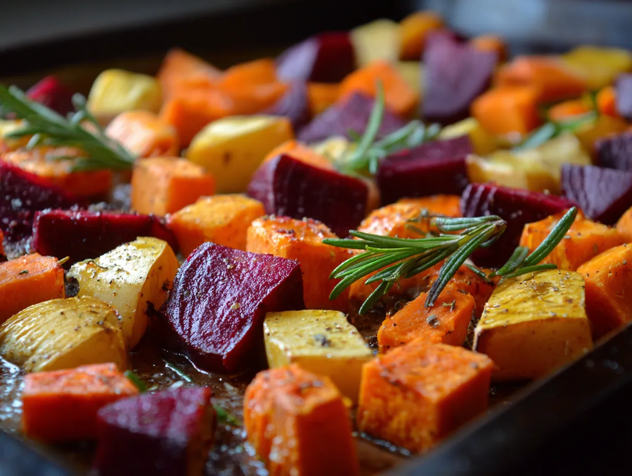roasted beets and sweet potatoes